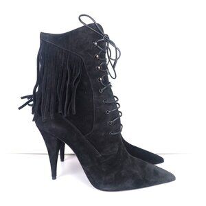 Saint Laurent  Kiki 100 Lace Up Fringe Boots Black Black 38.5/ 8- 0371
